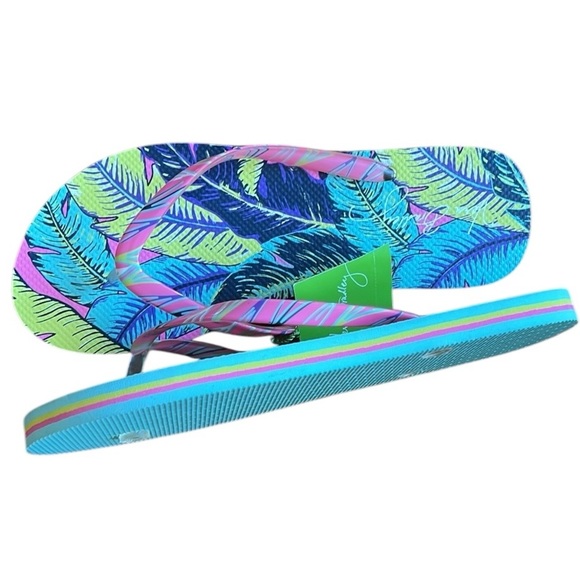 New Vera Bradley Palm Feathers Flip Flops Pink/Turquoise Tropical Medium/7-8 - Picture 6 of 6